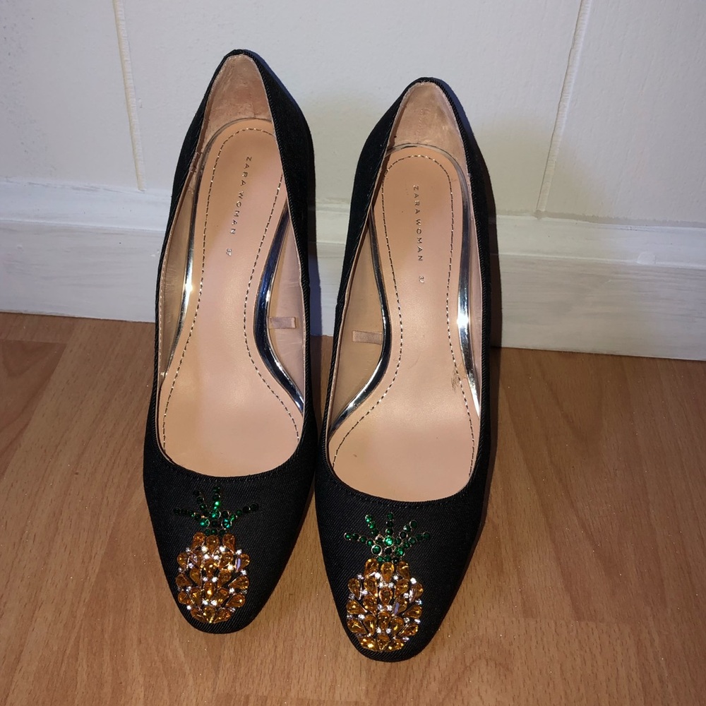 Zara Denim Low Heels w Pineapple Beaded Detailing